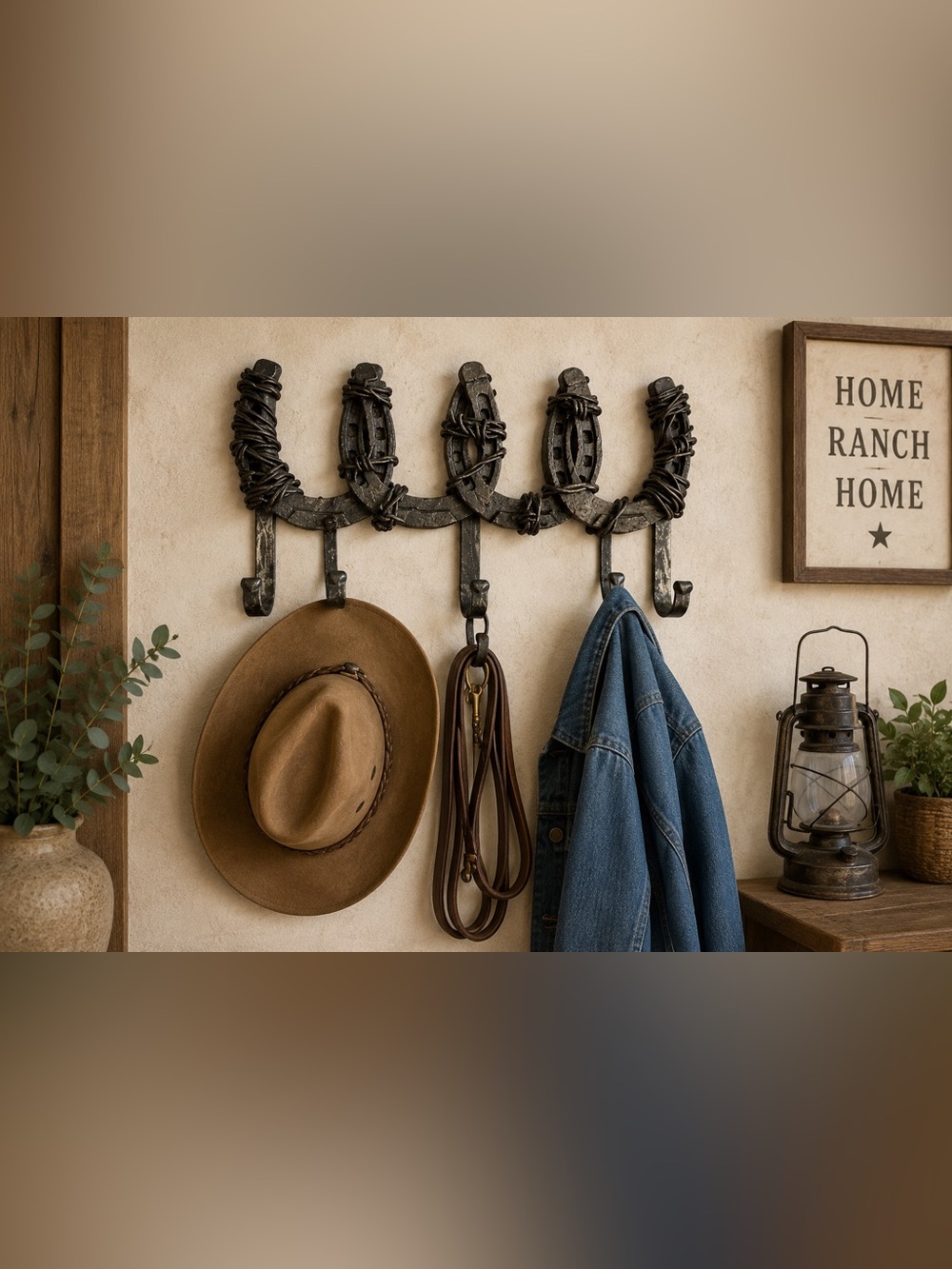 Rustic Horseshoe Barbed Wire Wall Hook Rack Western Farmhouse Cabin Decor
